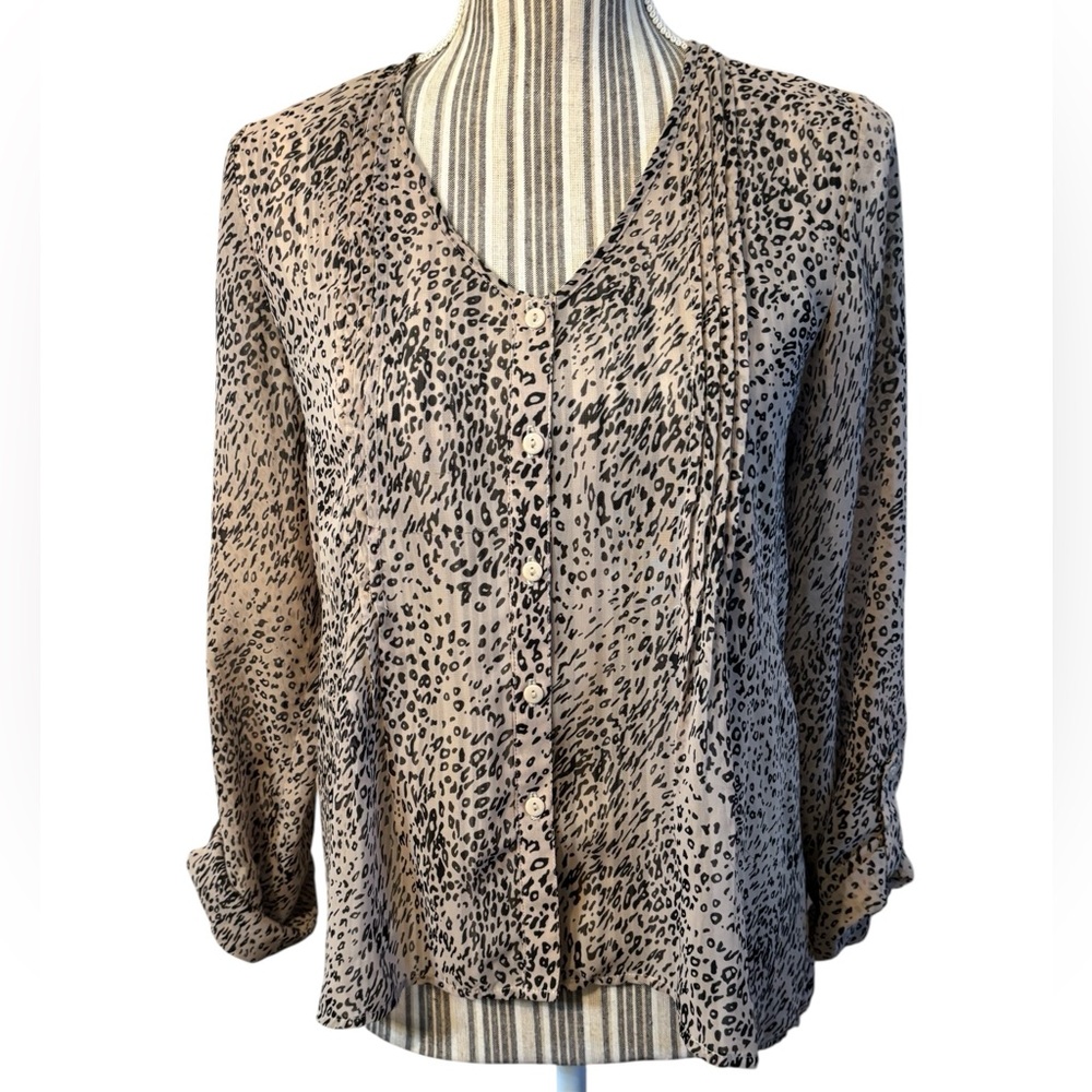 Pins & Needles Blouse XS Beige Black Leopard-Print Button Front Pintuck Long Slv